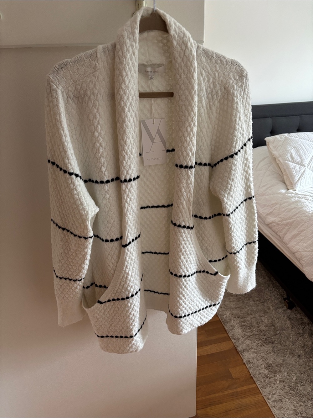 Verve Ami White Cardigan with Black Stripes